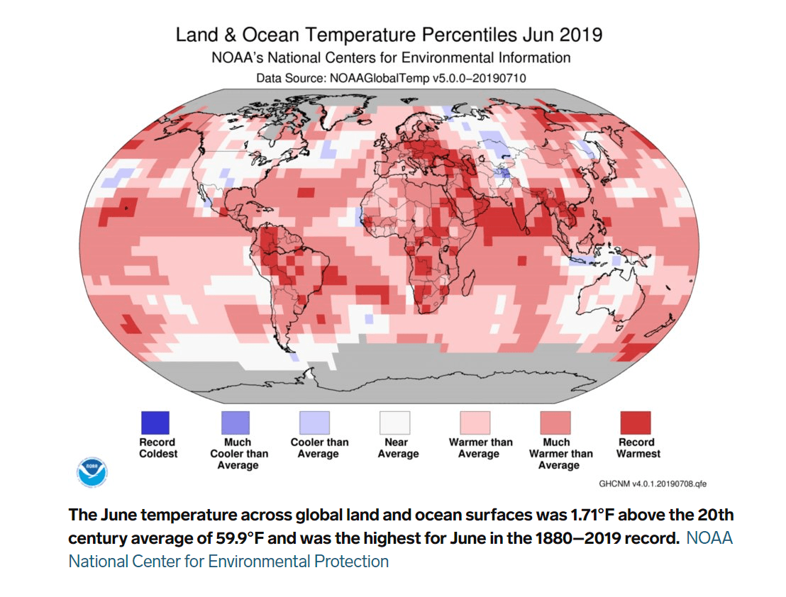 World map showing that June 2019 temperatures were warmer than average across the globe.