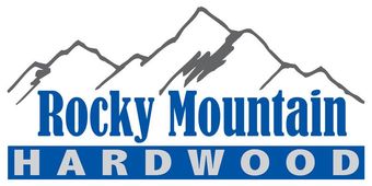 A logo for rocky mountain hardwood with a mountain in the background