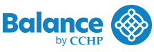 The logo for balance by cchp is a blue circle with a square in the middle.
