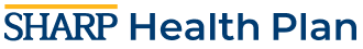 The logo for the sharp health plan is blue and yellow