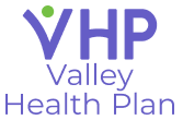 The logo for the vhp valley health plan is purple and white.