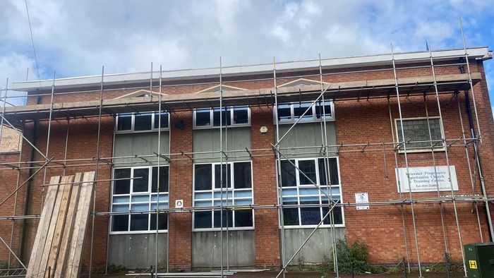 This is a photo of a church building in Leicester with a scaffolding tower around it. This was erected by Leicester Scaffolding Services