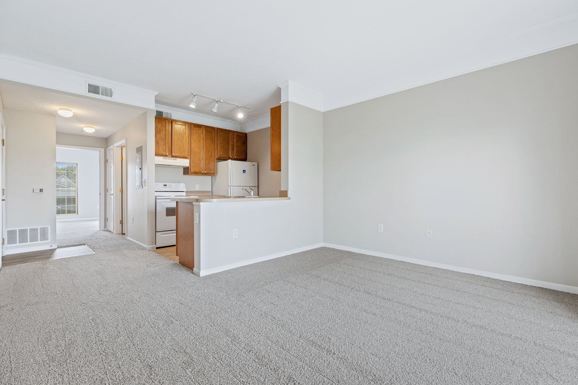 An empty living room with a carpeted floor and a kitchen in the background.