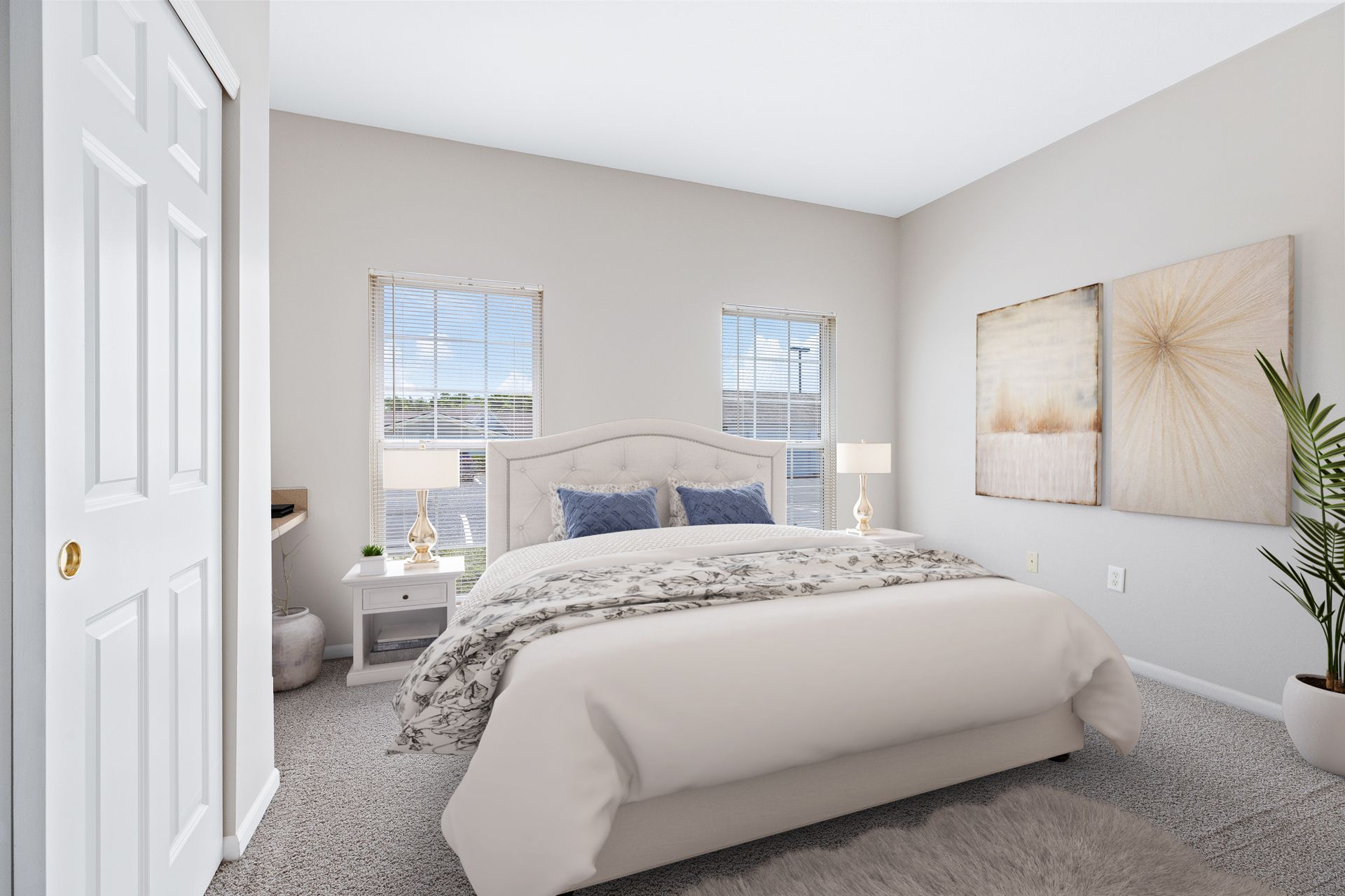 A bedroom with a large bed , two nightstands , two windows and a plant.