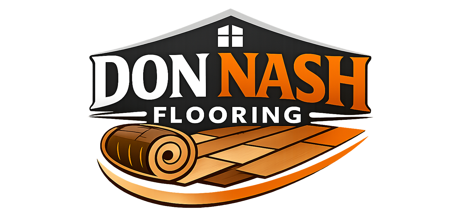 Logo for Don Nash Flooring: text, rolled carpet, and wood planks, in a black and orange design.