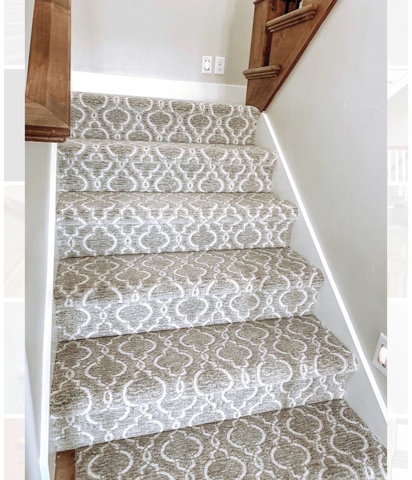 Staircase with carpeted steps, wooden risers, and a window on the left side. Sunlight casts shadows on the steps.