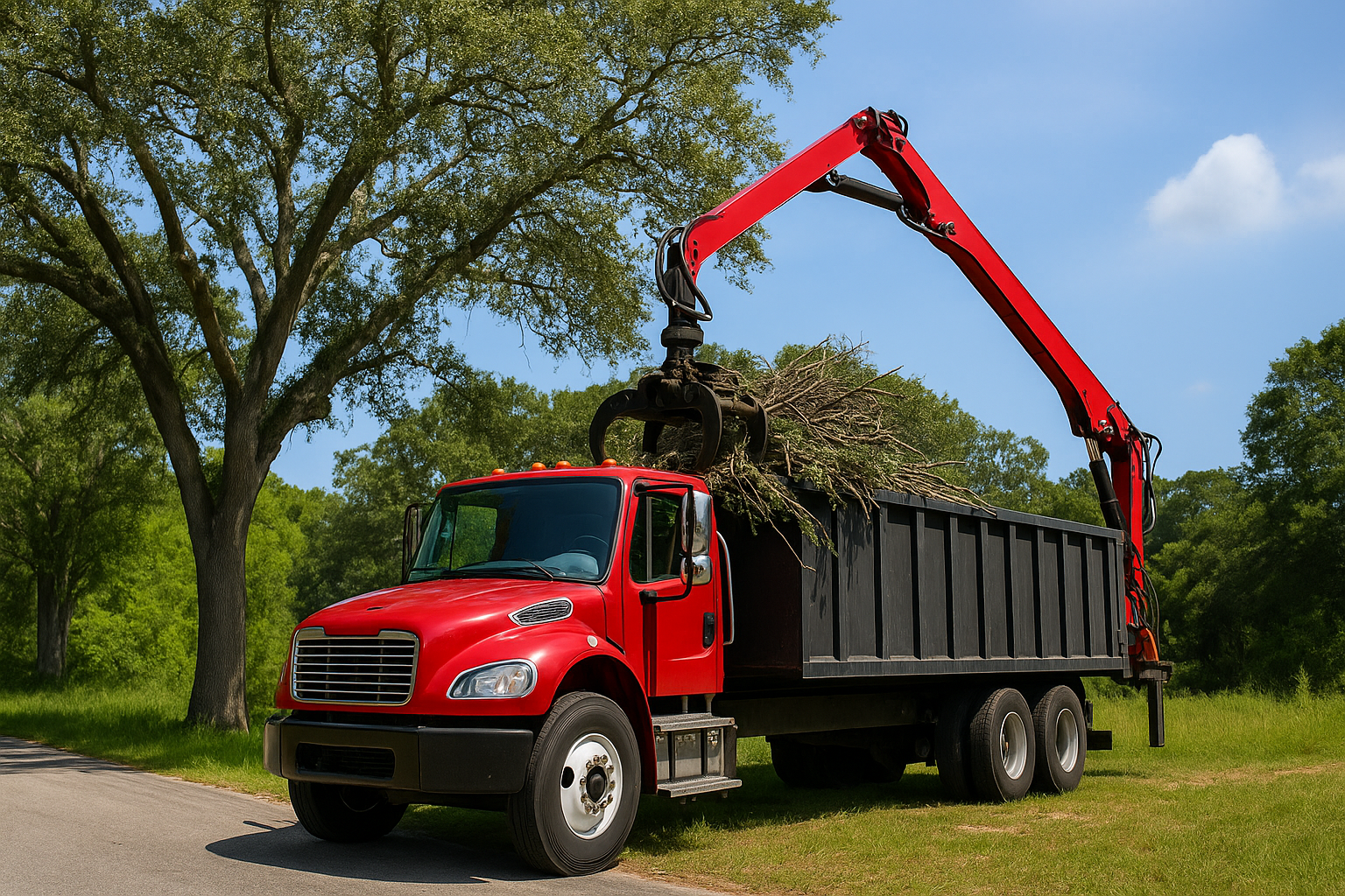 Red truck with a grapple arm loading brush into its bed, trees in the background, blue sky.