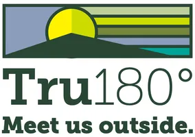Tru180° logo: Abstract mountain with yellow sun; green, blue, and yellow horizontal lines; dark green text: "Meet us outside."