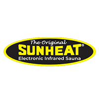 Logo for Sunheat Electronic Infrared Sauna. Yellow oval with black interior, containing yellow text.