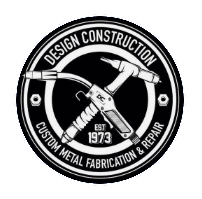 Circular logo with "DESIGN CONSTRUCTION" and "CUSTOM METAL FABRICATION & REPAIR" surrounding crossed welding tools; "DC" detail.