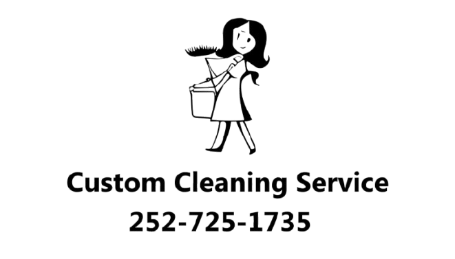 Logo for Custom Cleaning Service: cartoon woman holding bucket and broom, with phone number.