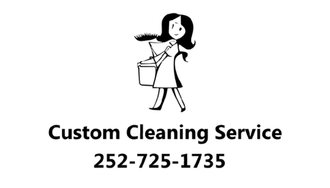 Logo for Custom Cleaning Service: cartoon woman holding bucket and broom, with phone number.
