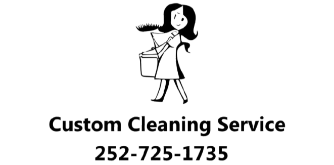 Logo: cartoon woman carrying cleaning supplies; 