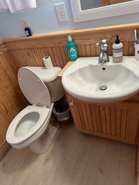 Bathroom with toilet, sink, and wood paneling. Toilet lid is up.