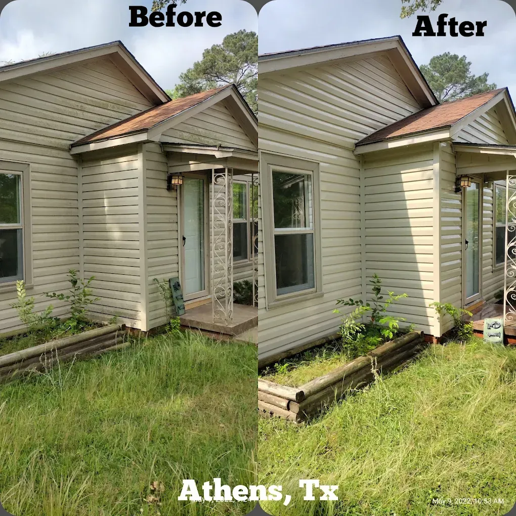 A before and after picture of a house in athens , tx.