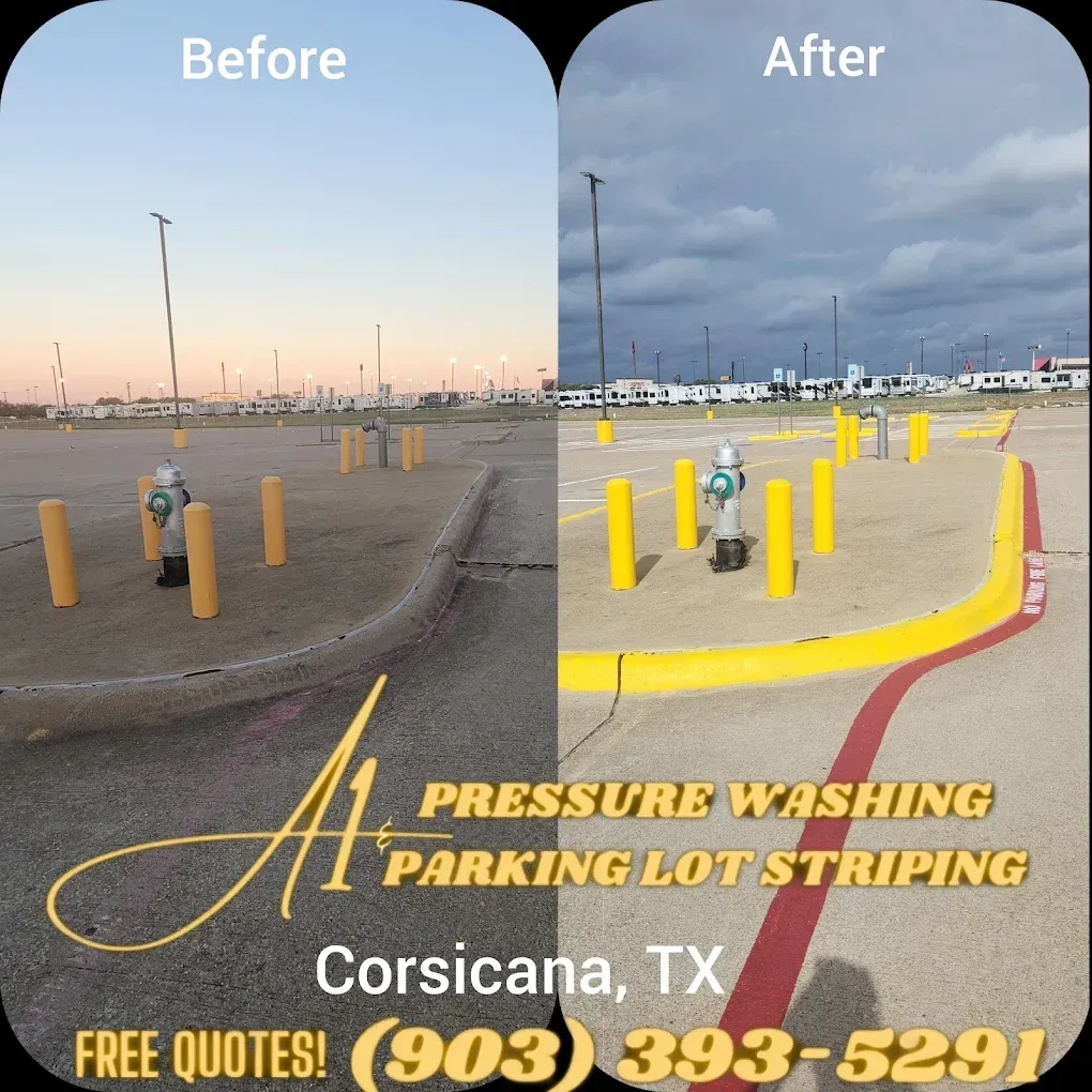 A picture of a parking lot before and after pressure washing