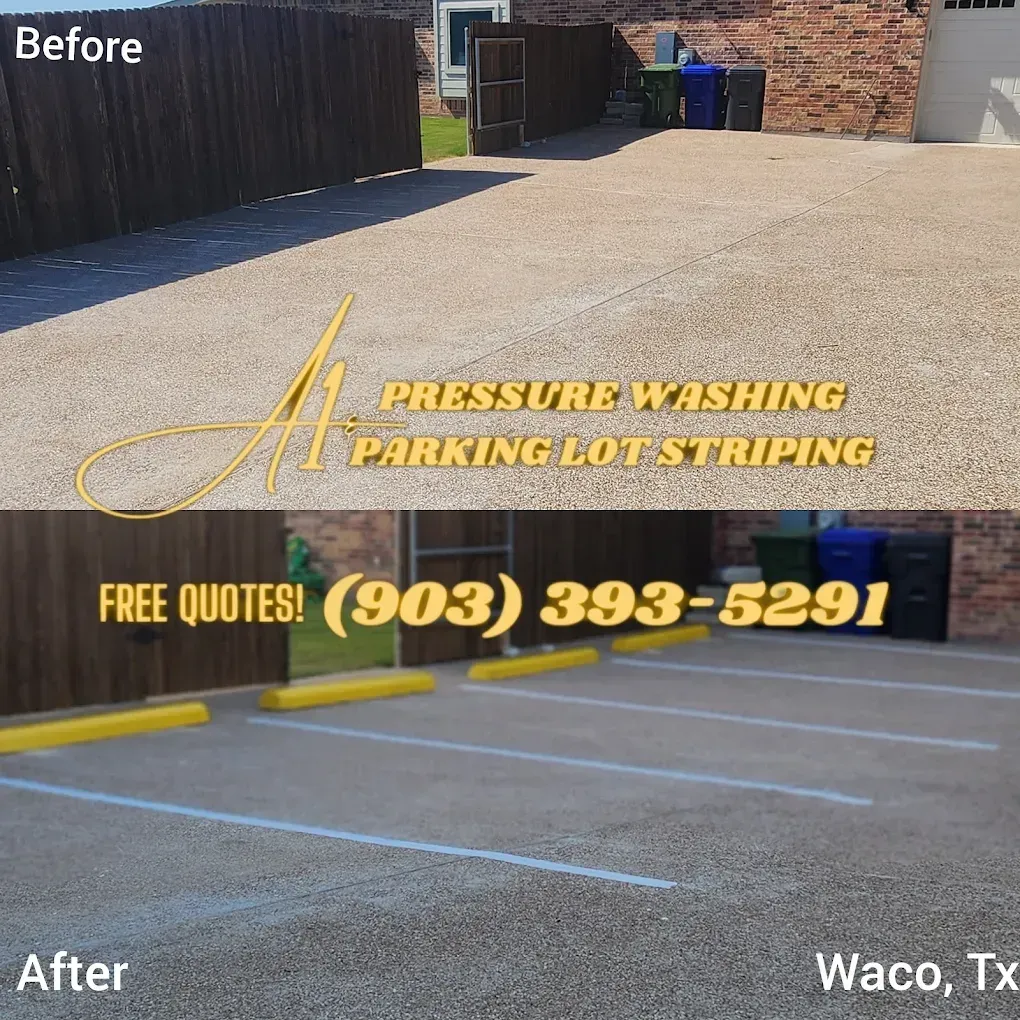 A picture of a parking lot before and after pressure washing