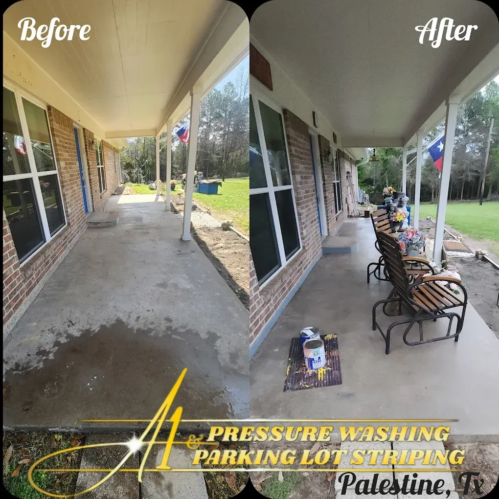 A picture of a porch before and after pressure washing