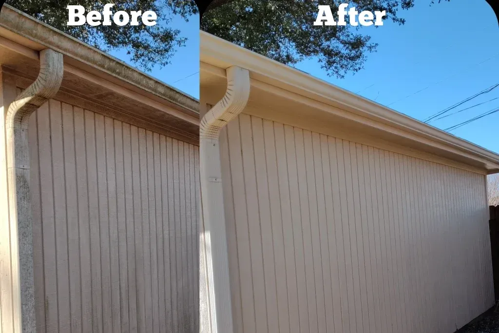 A before and after picture of a house with gutters.