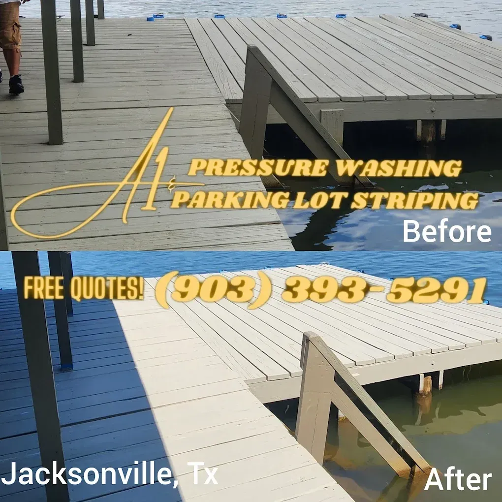 A picture of a dock before and after pressure washing