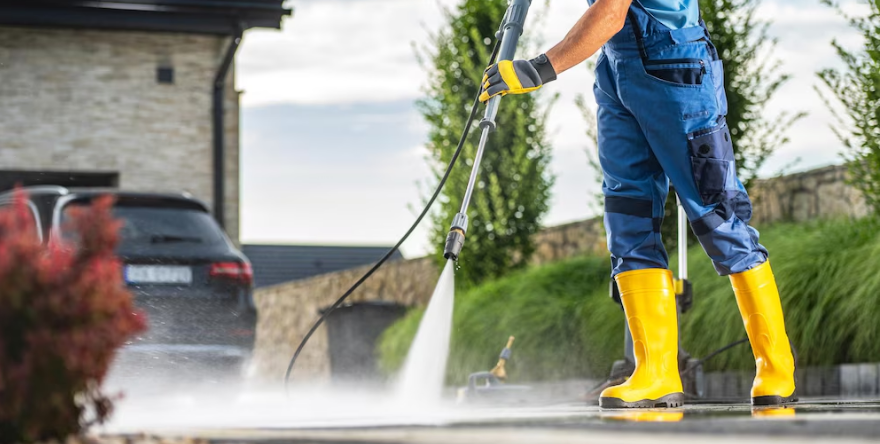 A man is using a high pressure washer to clean a driveway.