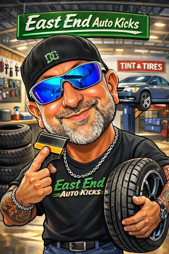 Mechanic in sunglasses holding tire and tool at East End Auto Kicks, with Tint & Tires sign in the shop. | East End Auto Kicks