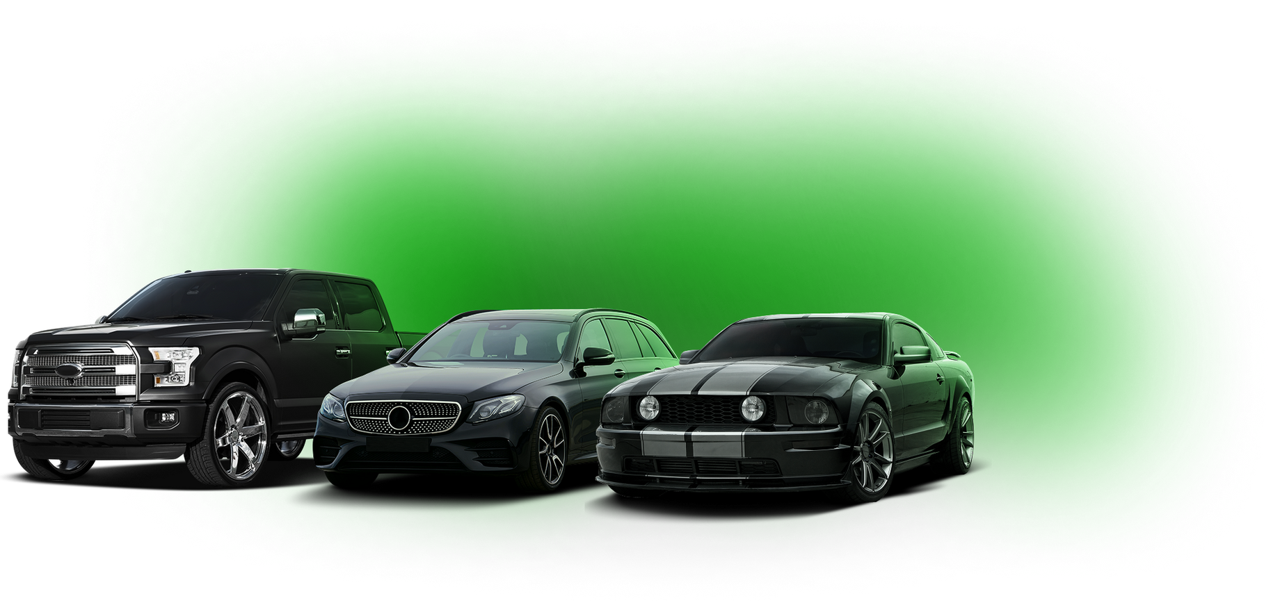 Three black cars against a gradient green background | East End Auto Kicks