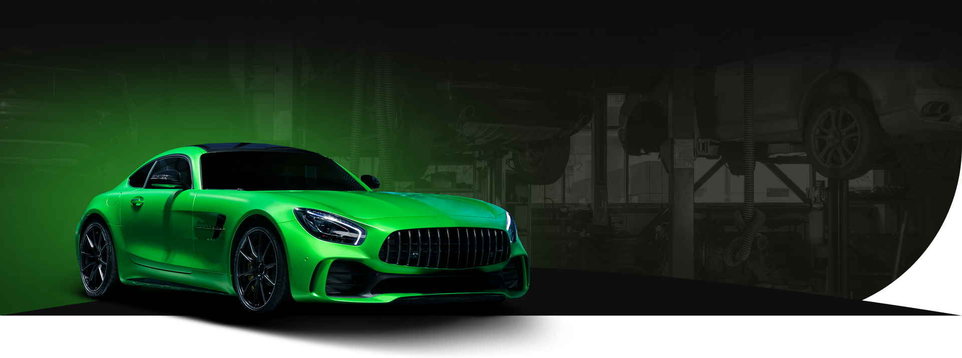 Green sports car on a dark background with a touch of green; blurred background | East End Auto Kicks