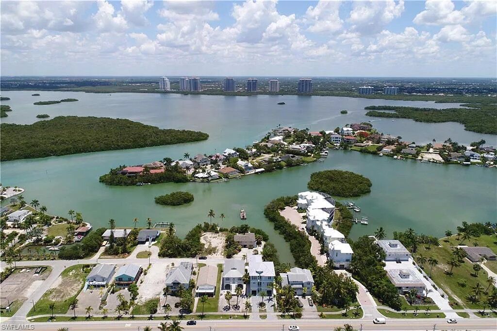 Aerial view of a coastal community with houses and mangroves, with a large body of water and city skyline in the background.