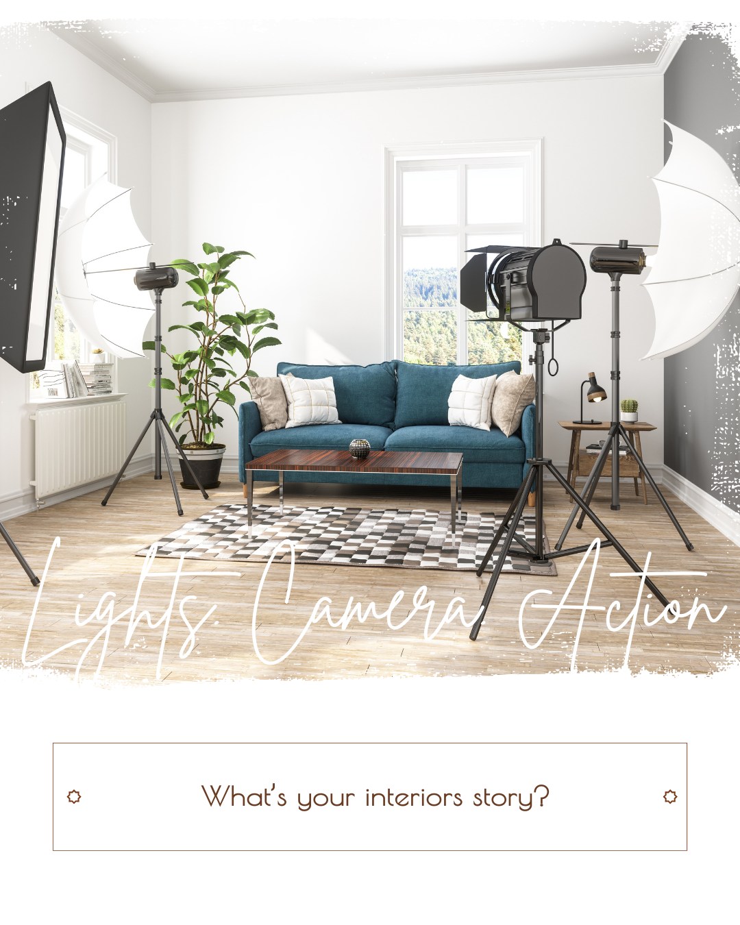 Living room interior with film set lighting