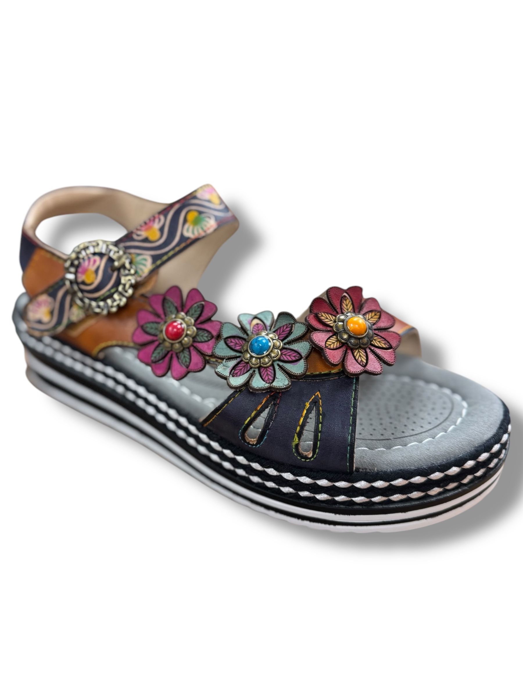 A pair of sandals with flowers on them on a white background