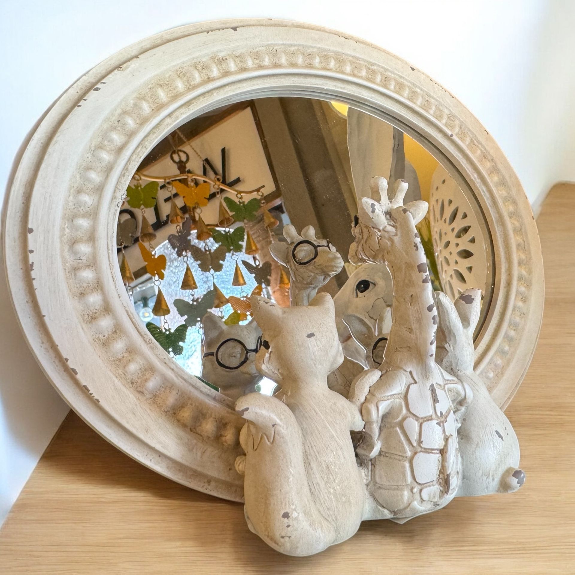 A mirror with a squirrel and a giraffe on it