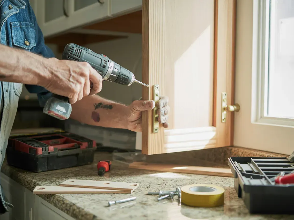 Person drilling a cabinet hinge during home woodworking beside an open window