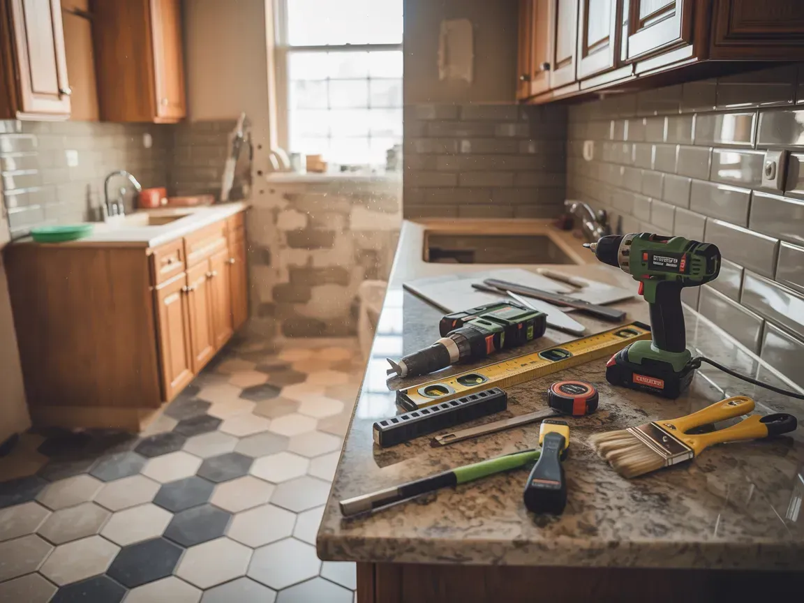 Kitchen countertop with toy model trains and tracks scattered on it, sunlight through a window.