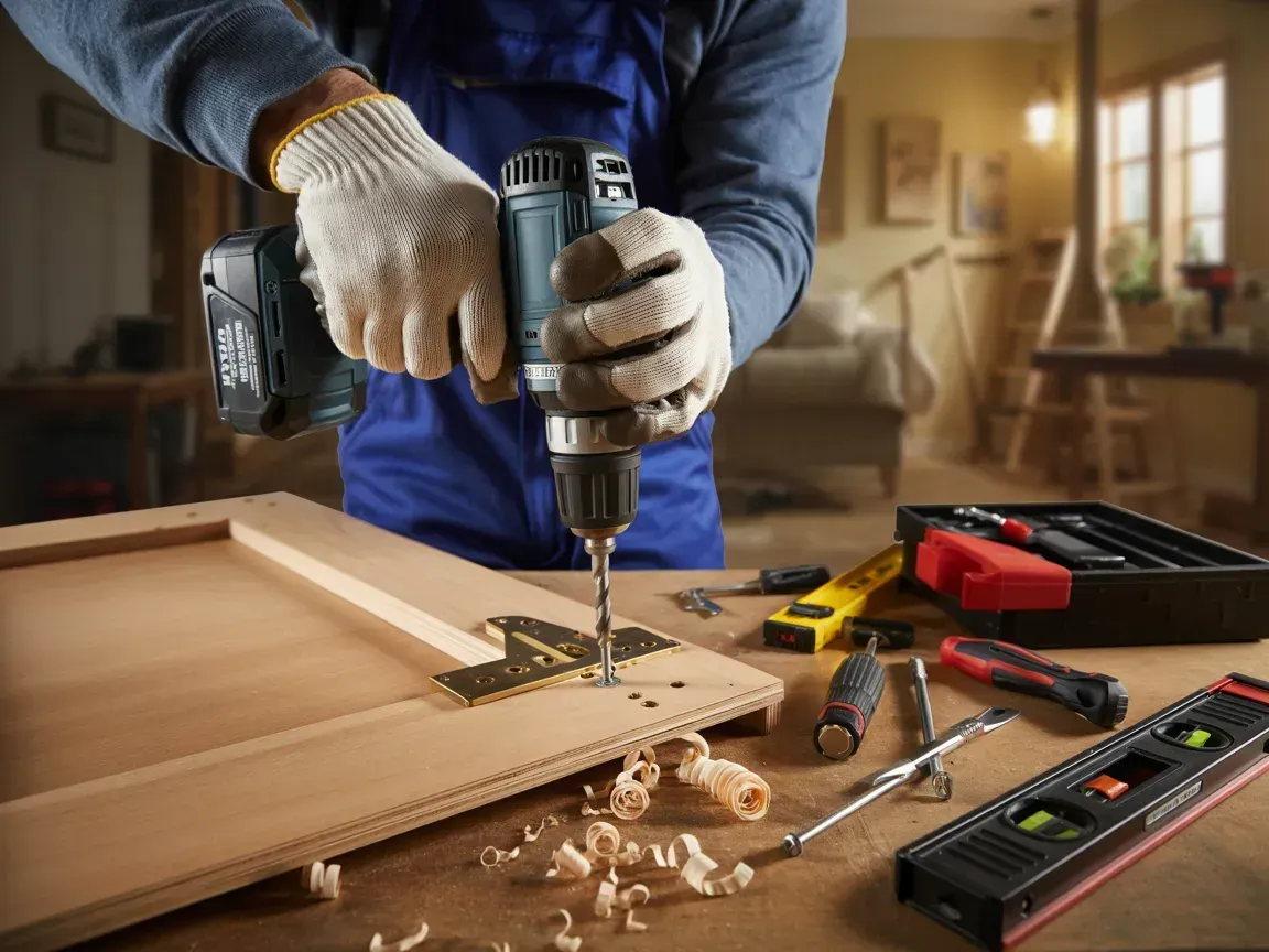 Person drilling wood on a workbench with tools scattered around in a workshop.