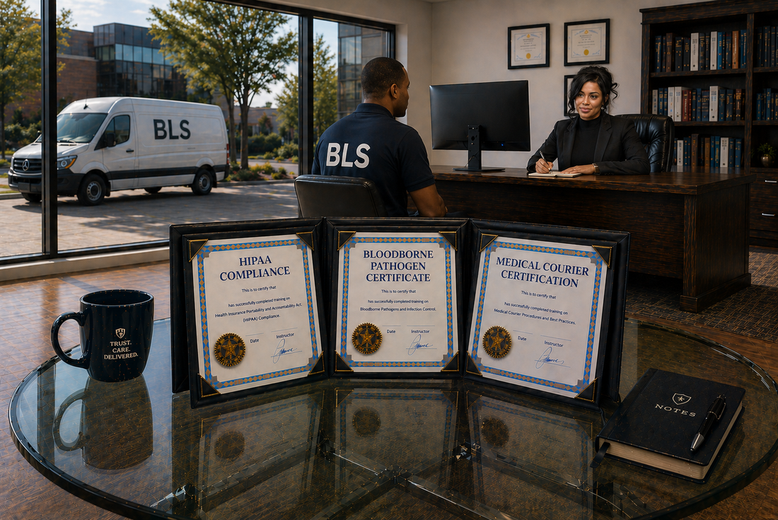 HIPAA COMPLIANT, OSHA BLOODBORNE PATHOGEN CERTIFIED, MEDICAL COURIER CERTIFIED