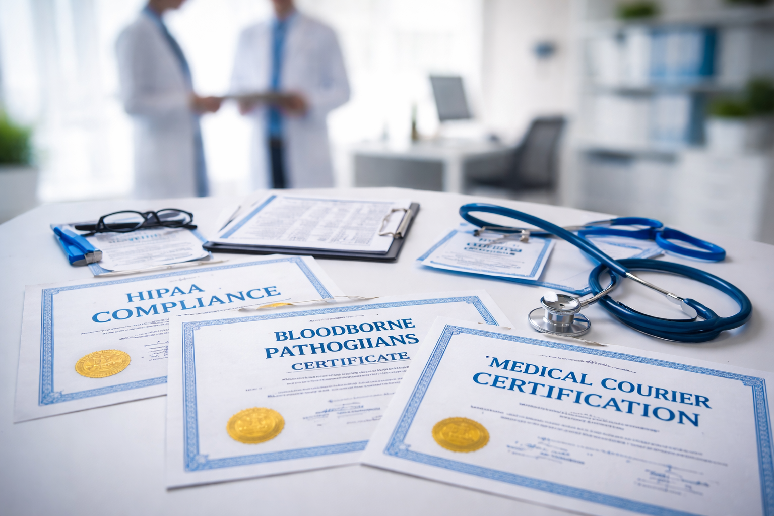 HIPAA COMPLIANT, OSHA BLOODBORNE PATHOGEN CERTIFIED, MEDICAL COURIER CERTIFIED