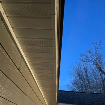 Looking up at the roof of a house with a tree in the background.