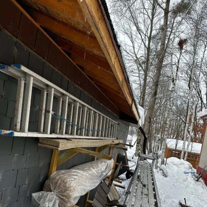 A ladder is hanging from the side of a building in the snow.