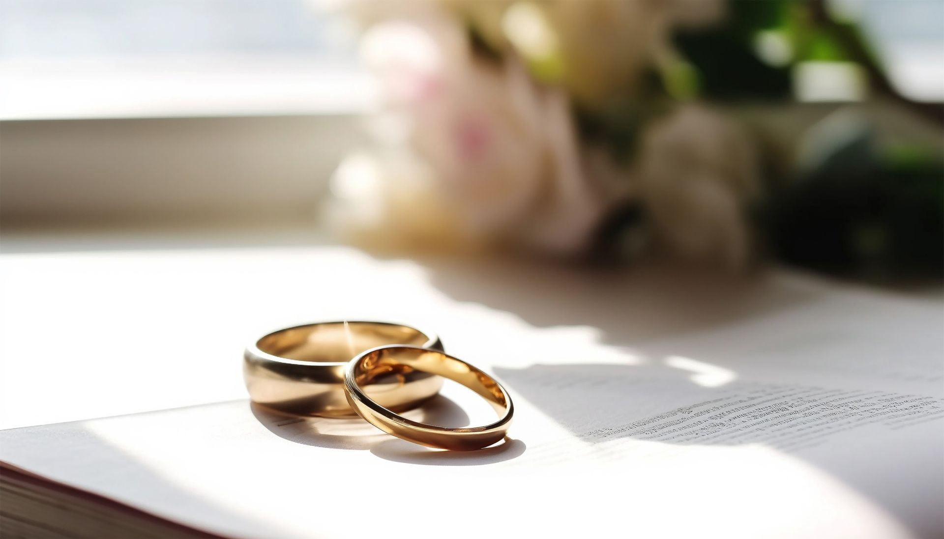 A couple seeking help from a spousal support attorney has placed a set of wedding rings sitting on top of a book.