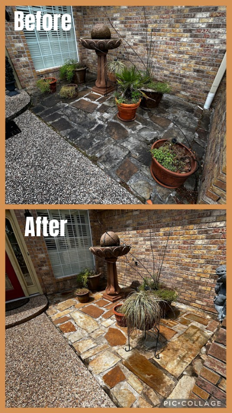 Comparison of a brick patio before and after cleaning, showing a noticeable difference in color and cleanliness.