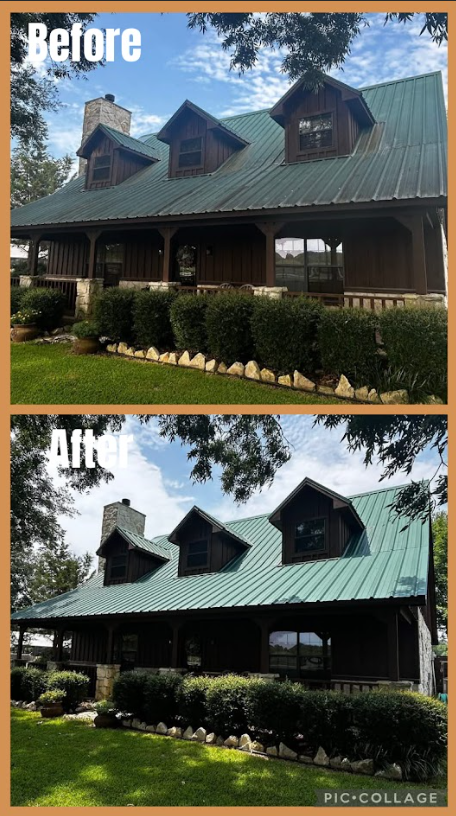 Comparison of a house with a green metal roof before and after a renovation, focusing on the exterior.