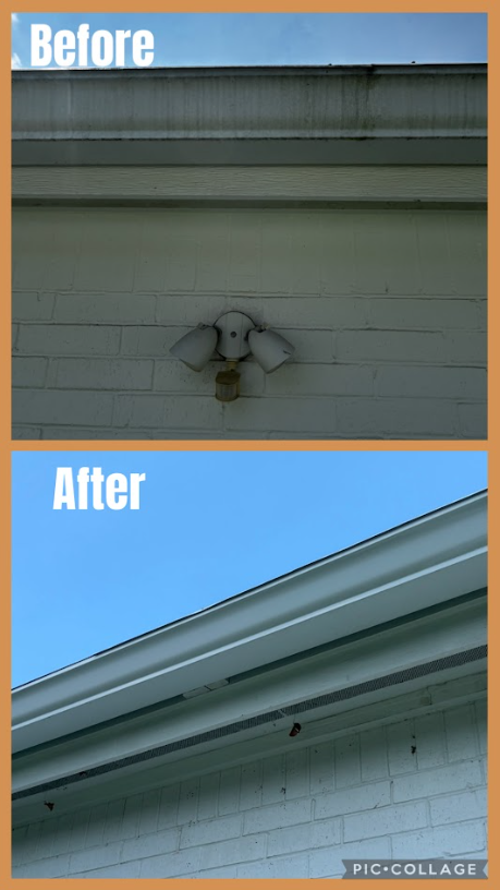Before and after comparison of a white house gutter. The before shows grime, while the after shows a clean gutter.