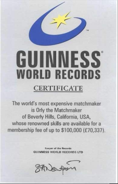guinness world records certificate for orly the matchmaker