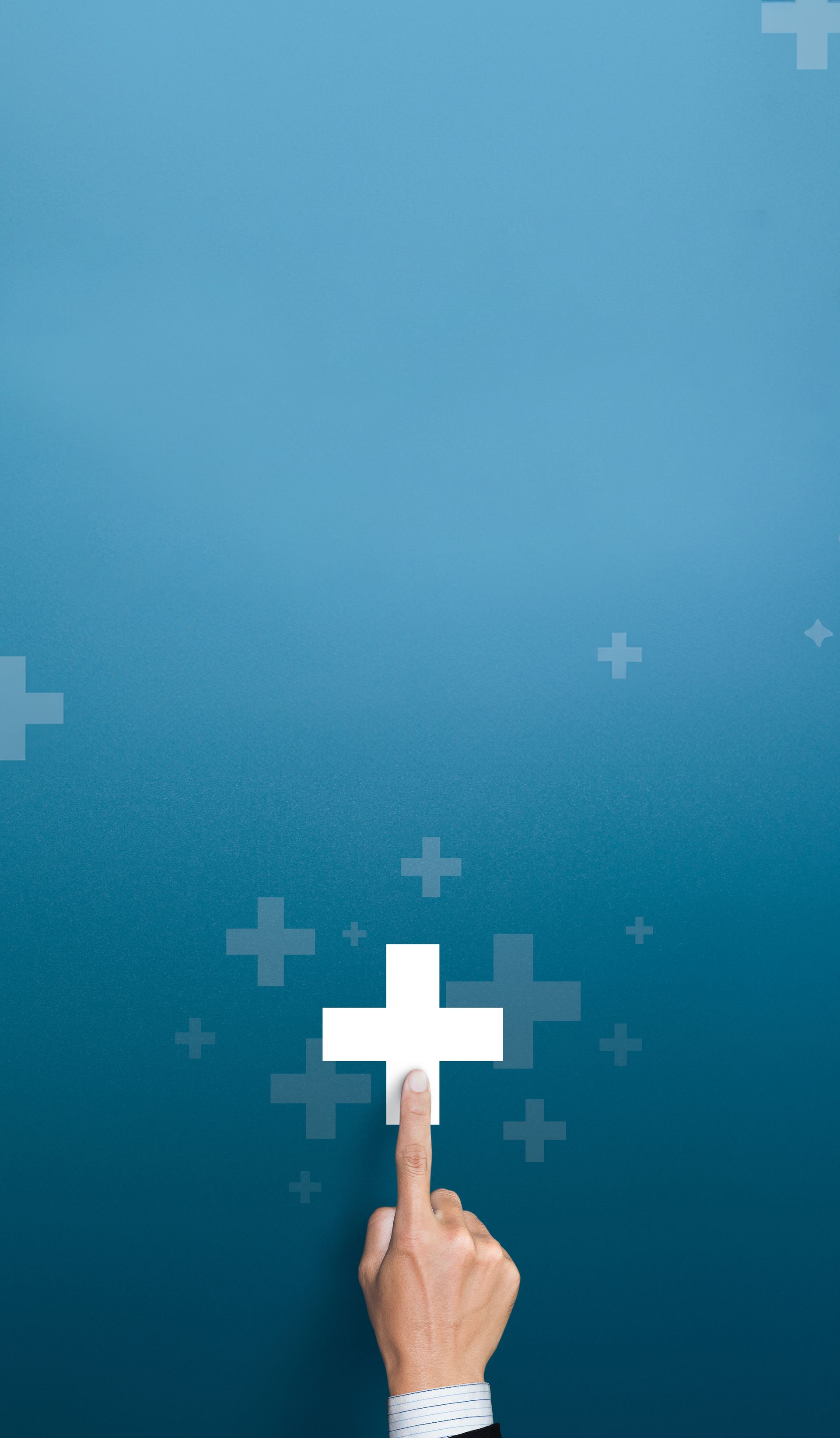 A hand is pointing at a white cross on a blue background.