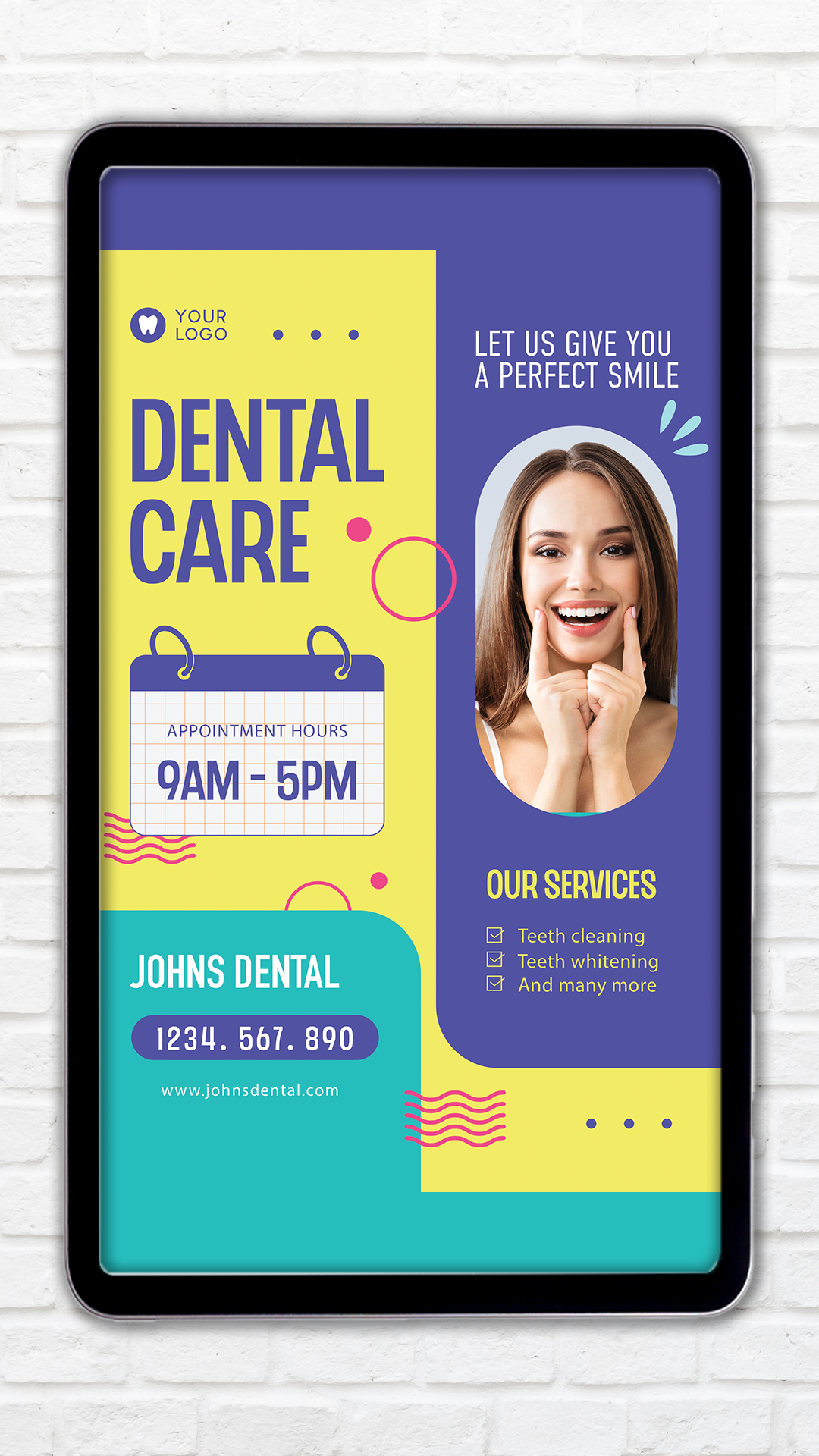 A dental care flyer with a smiling woman on it.