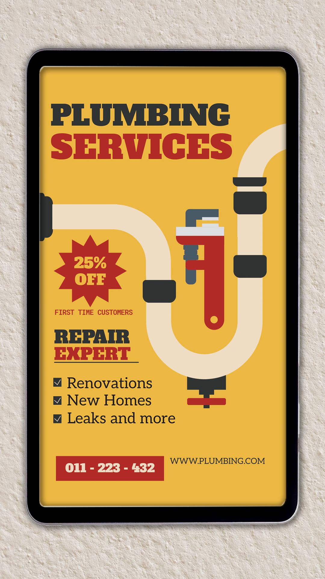 An advertisement for plumbing services with a 25% off offer