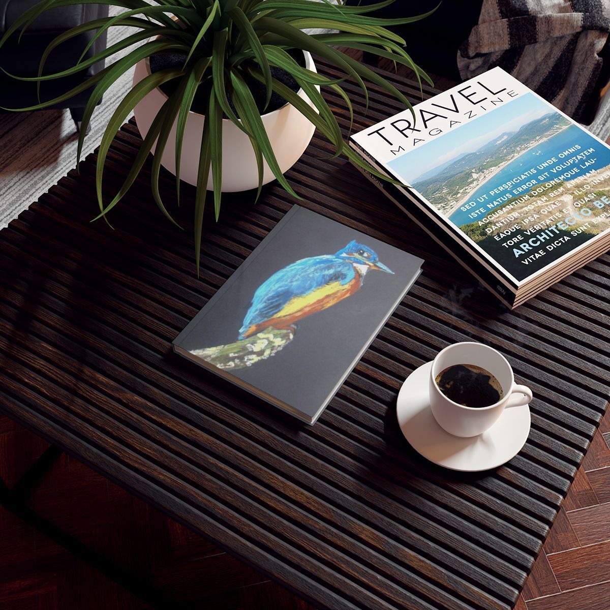 Kingfisher illustration hardback journal styled with travel magazines and coffee