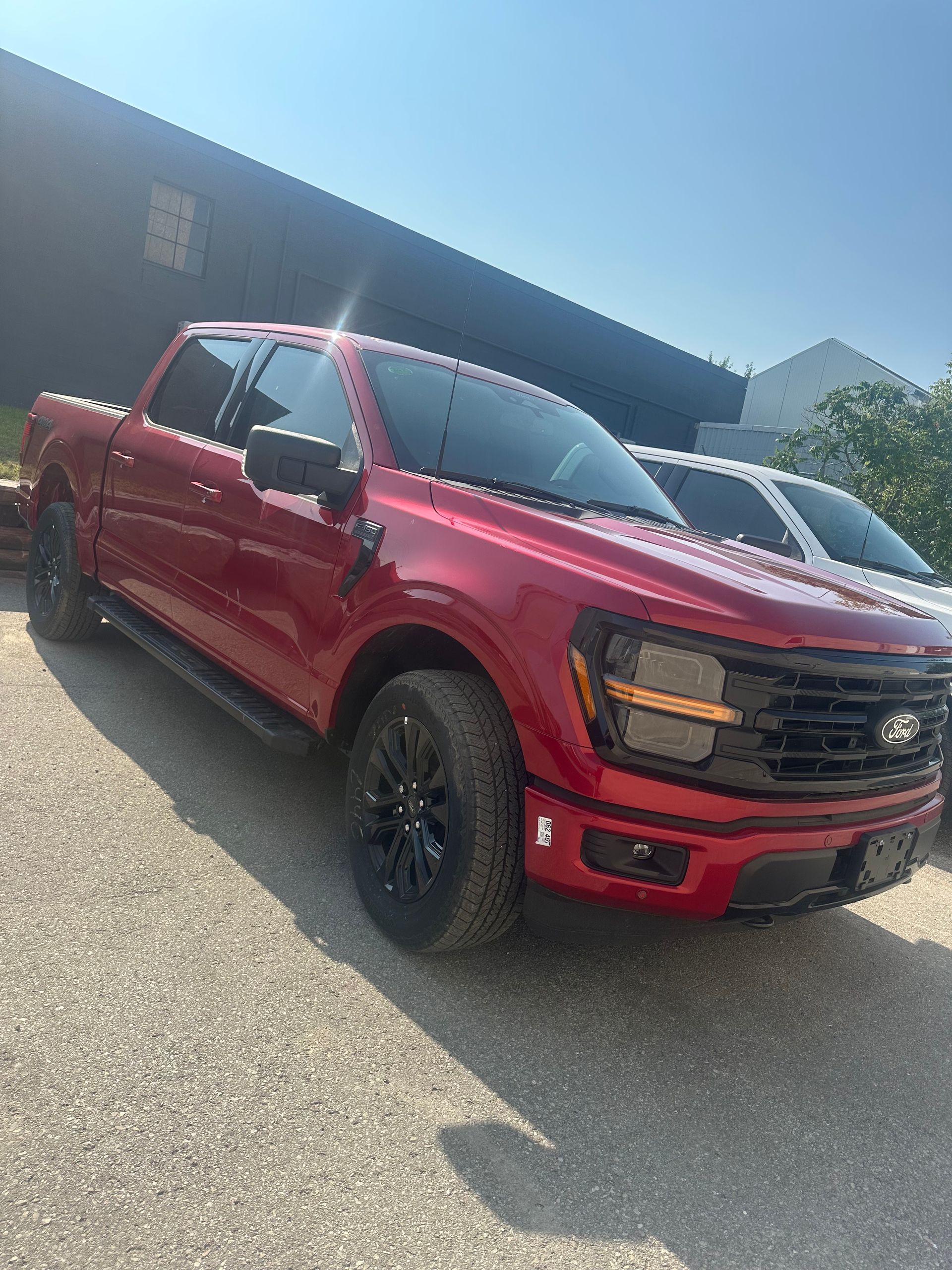 A bright red Ford F-150 pickup truck parked on a gravel lot in front of a dark building.