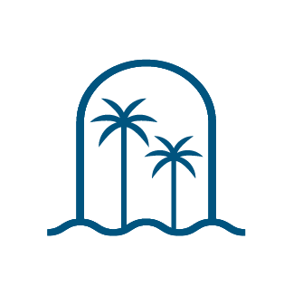 Dos palmeras dentro de un arco, sobre líneas onduladas; azul sobre blanco.